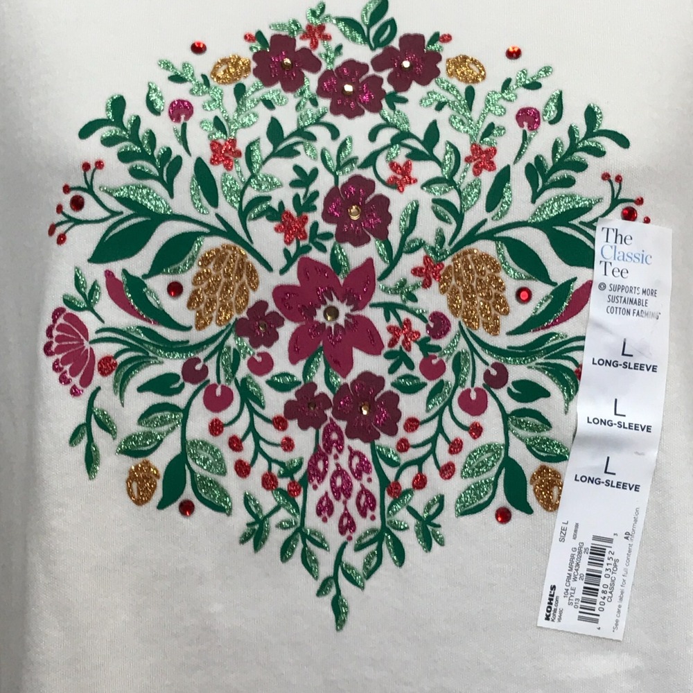 Croft & Barrow Holiday Shirt Womens L Cream Floral Classic Long Sleeve Glitter - Picture 2 of 7